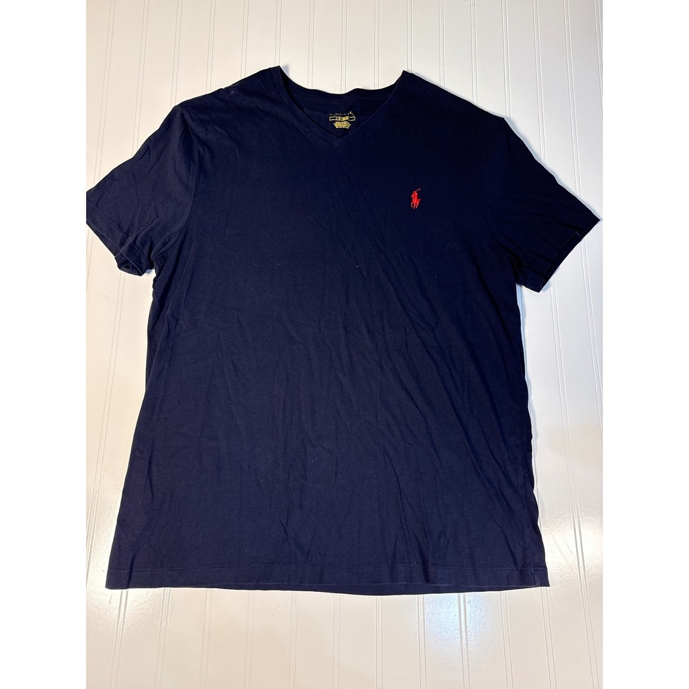 Polo Ralph Lauren Mens V-Neck T-Shirt Navy Blue Red Pony Logo Size Large